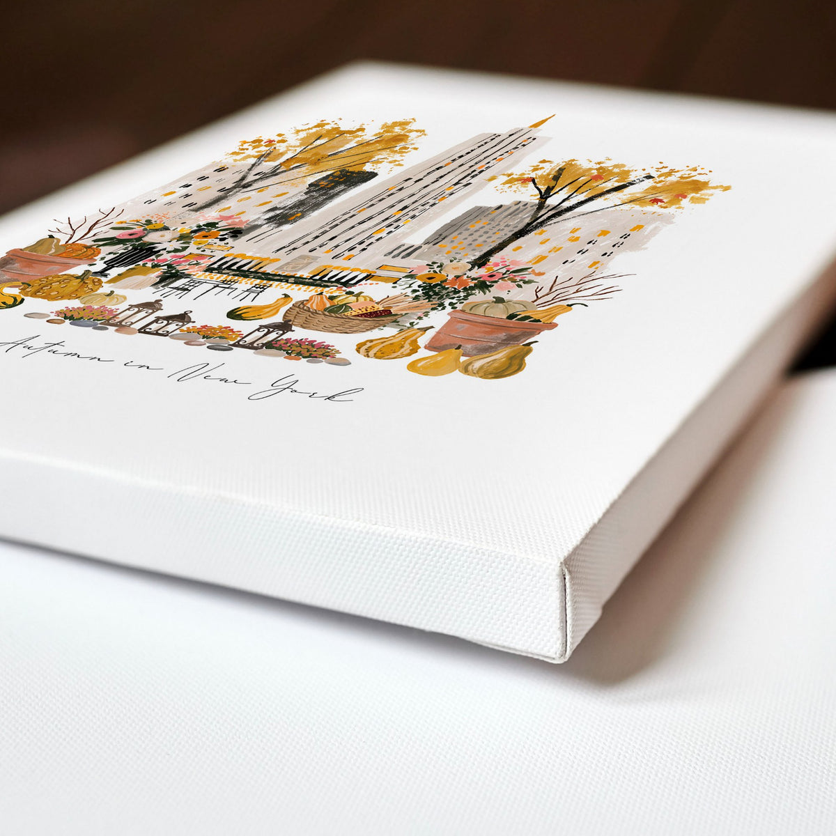 Wall Art Decor Kitchen "Autumn in New York" NYC Travel Watercolour wall art displayed on a wall in a styled room — view 7