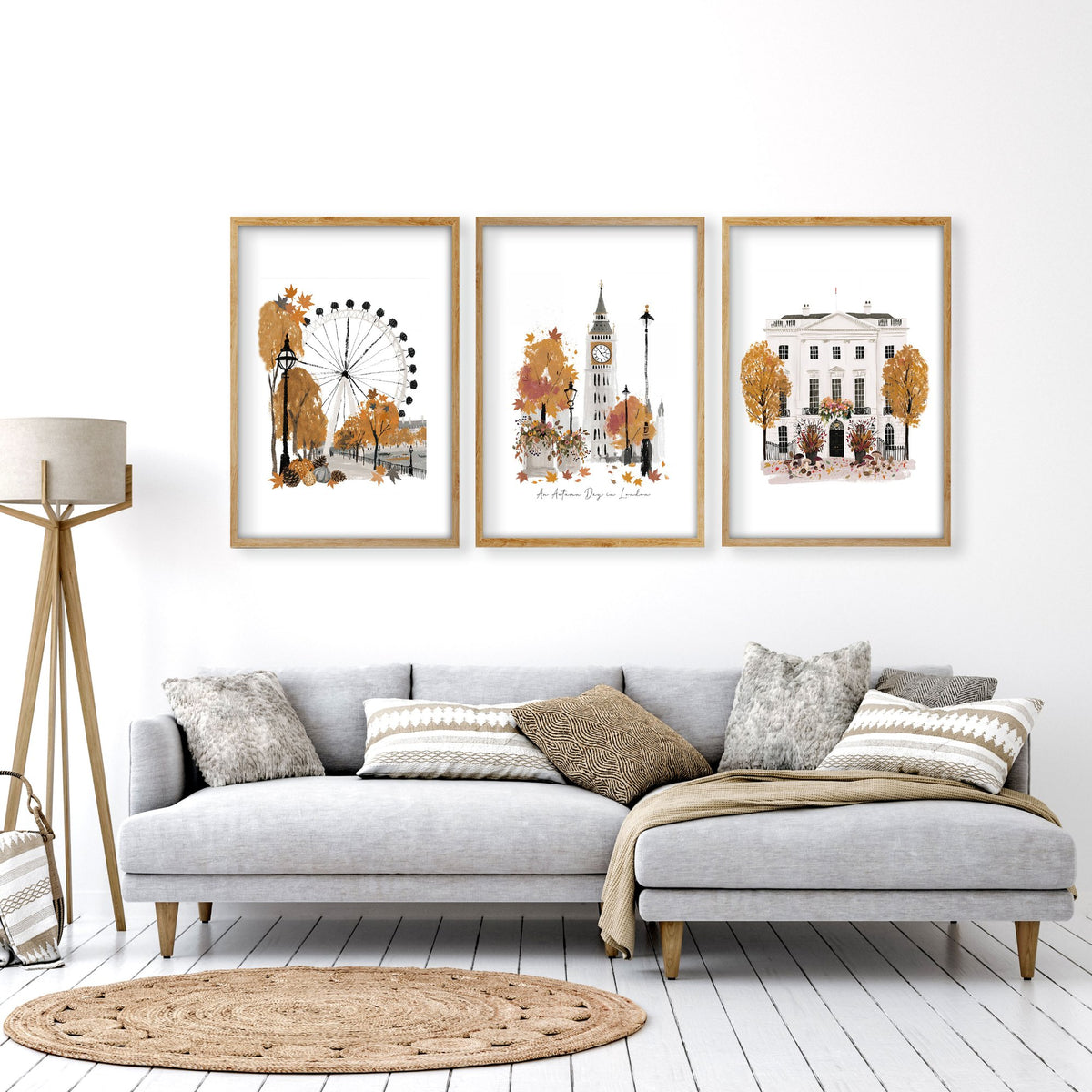 Wall Art Decor Living Room "An Autumn Day in London" Travel wall art displayed on a wall in a styled room — view 10