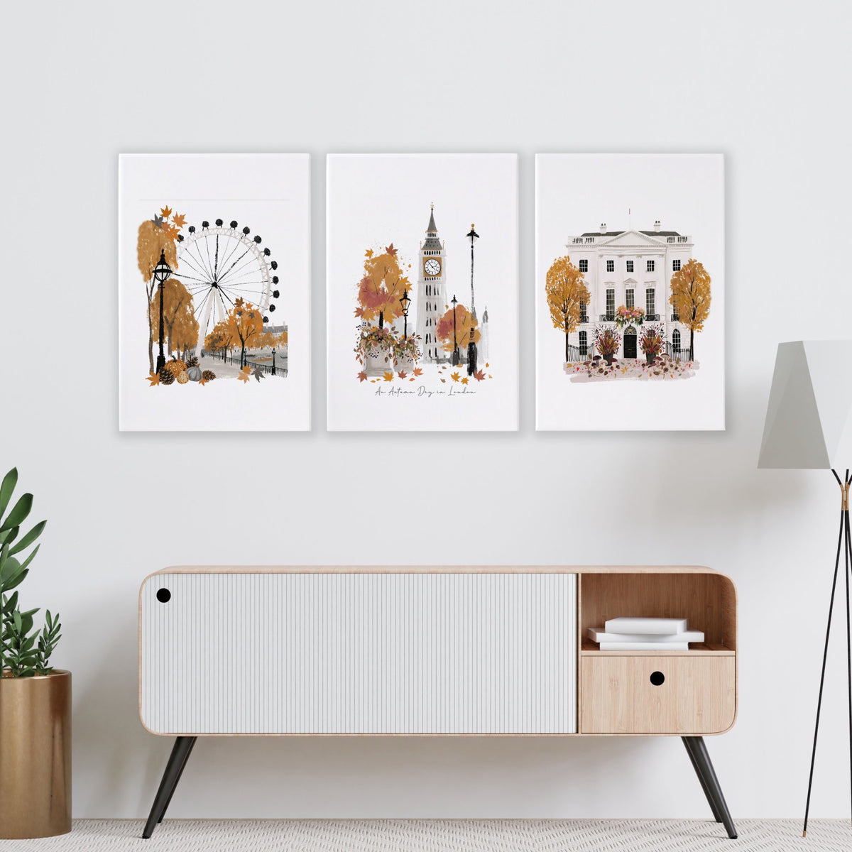 Wall Art Decor Living Room "An Autumn Day in London" Travel wall art displayed on a wall in a styled room — view 11