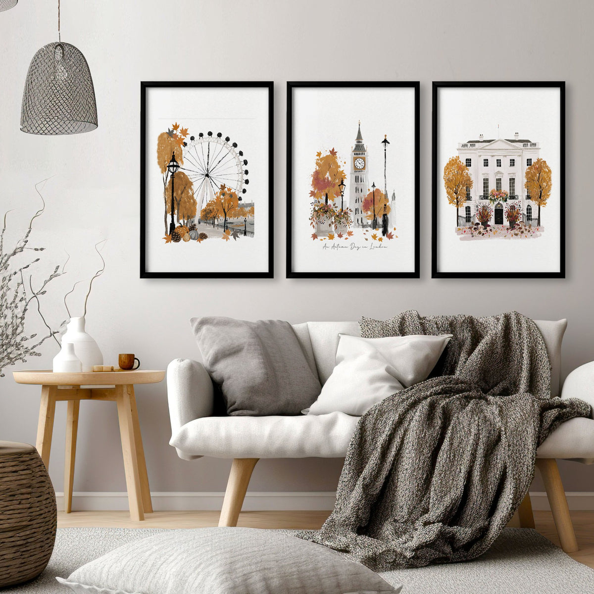 Wall Art Decor Living Room "An Autumn Day in London" Travel wall art displayed on a wall in a styled room — view 12