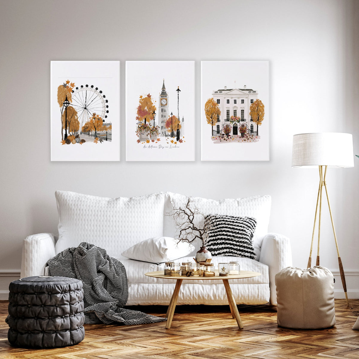 Wall Art Decor Living Room "An Autumn Day in London" Travel wall art displayed on a wall in a styled room — view 13