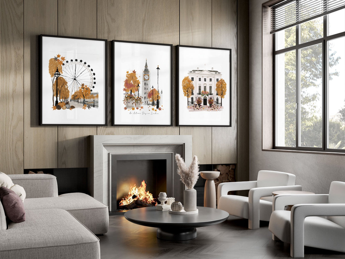Wall Art Decor Living Room "An Autumn Day in London" Travel wall art displayed on a wall in a styled room — view 14