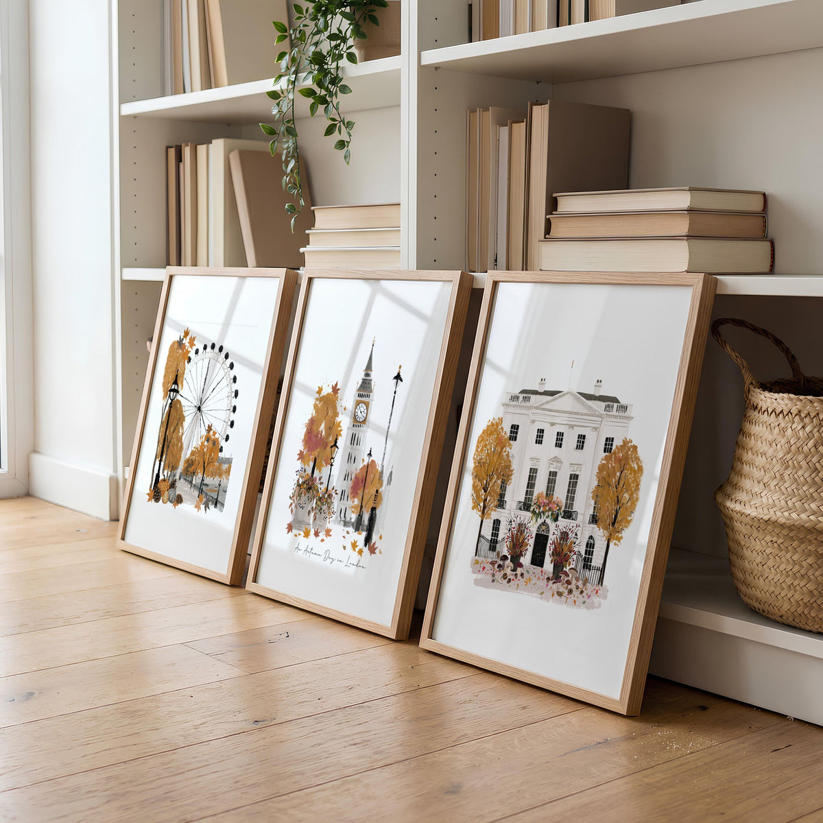 Wall Art Decor Living Room "An Autumn Day in London" Travel wall art displayed on a wall in a styled room — view 2