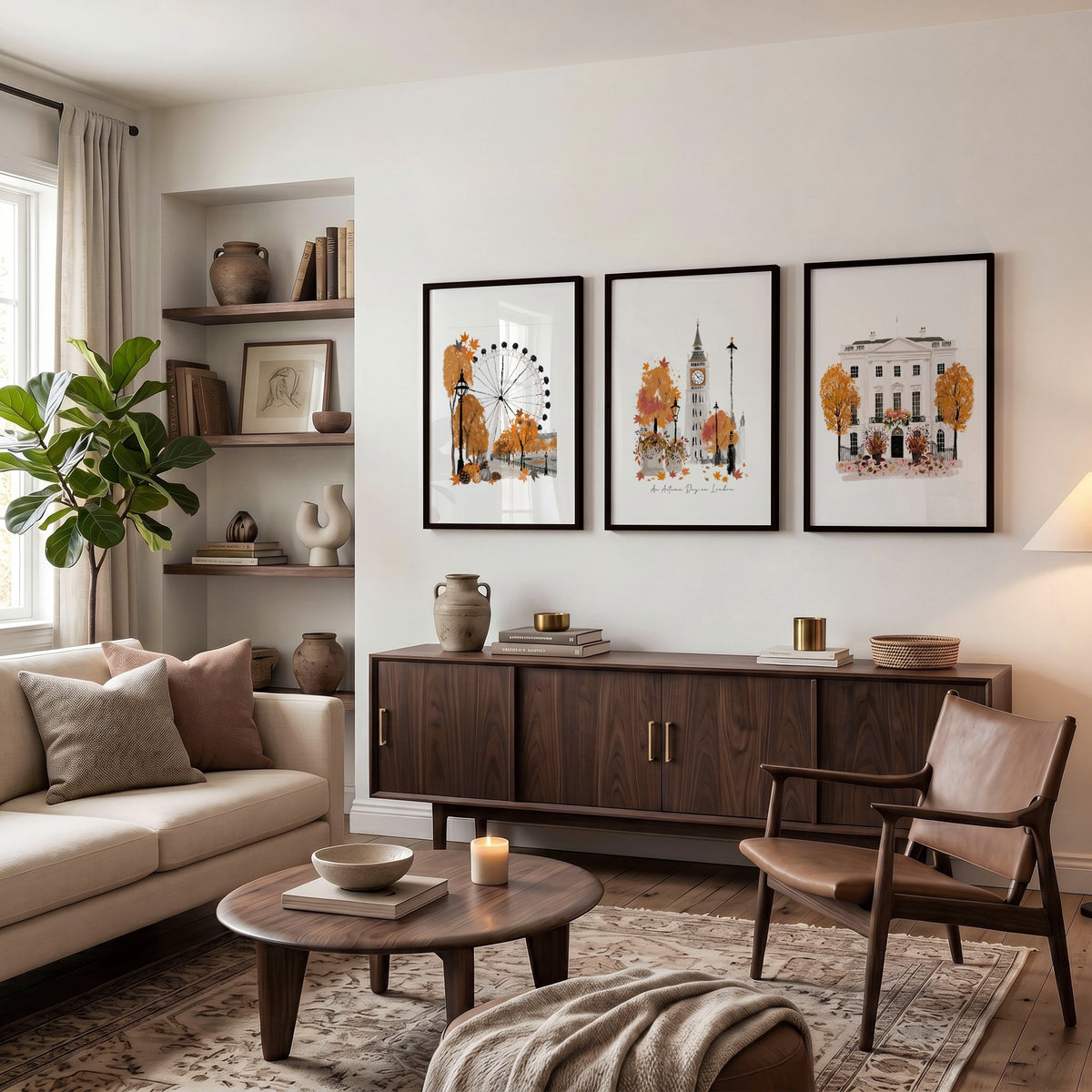 Wall Art Decor Living Room "An Autumn Day in London" Travel wall art displayed on a wall in a styled room — view 3