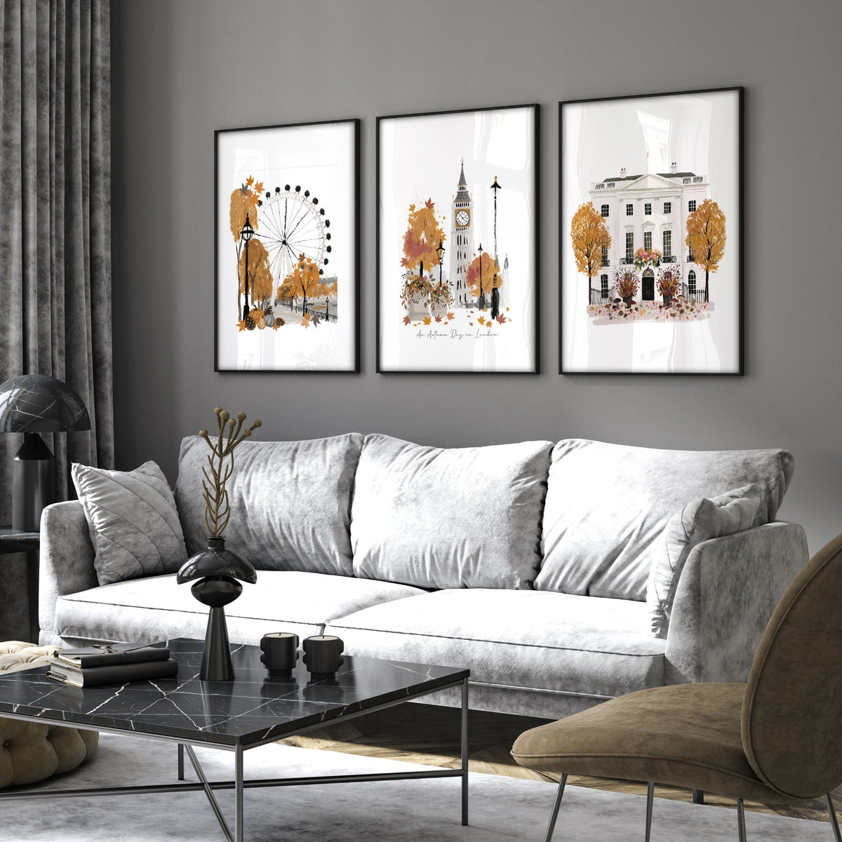 Wall Art Decor Living Room "An Autumn Day in London" Travel wall art displayed on a wall in a styled room — view 4