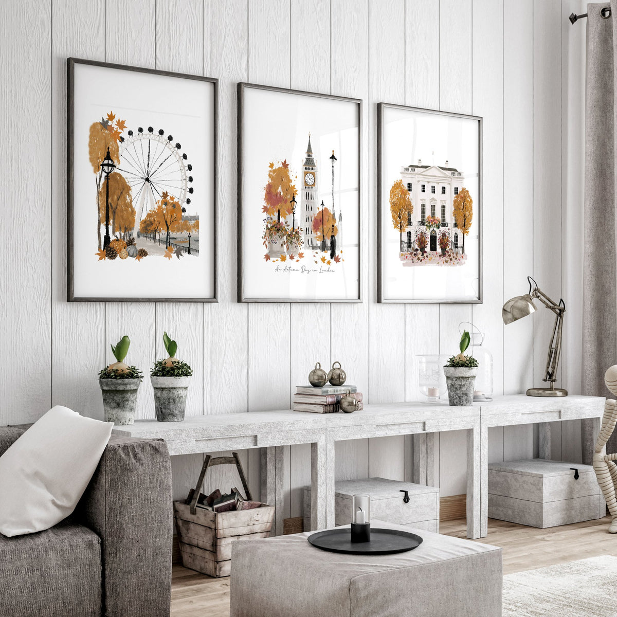 Wall Art Decor Living Room "An Autumn Day in London" Travel wall art displayed on a wall in a styled room — view 5