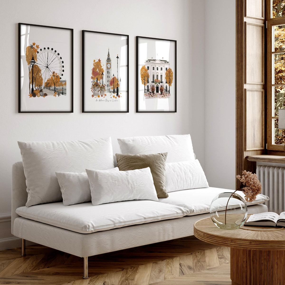 Wall Art Decor Living Room "An Autumn Day in London" Travel wall art displayed on a wall in a styled room — view 6