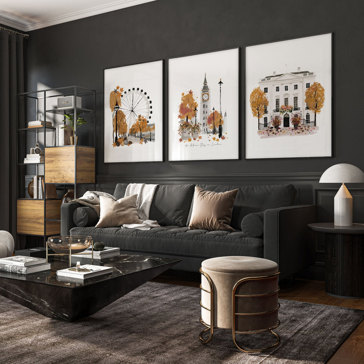 Wall Art Decor Living Room "An Autumn Day in London" Travel wall art displayed on a wall in a styled room — view 7