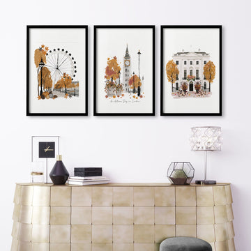 Wall Art Decor Living Room "An Autumn Day in London" Travel wall art displayed on a wall in a styled room — view 8