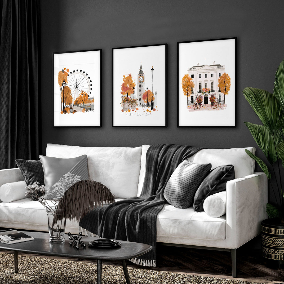 Wall Art Decor Living Room "An Autumn Day in London" Travel wall art displayed on a wall in a styled room — view 9