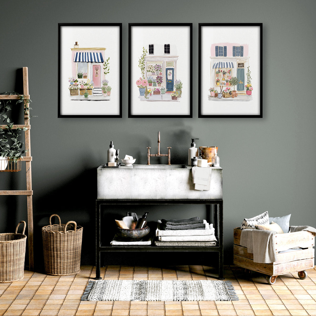 Wall Art Flowers Cottage Flower Shop Watercolour wall art displayed on a wall in a styled room — view 10