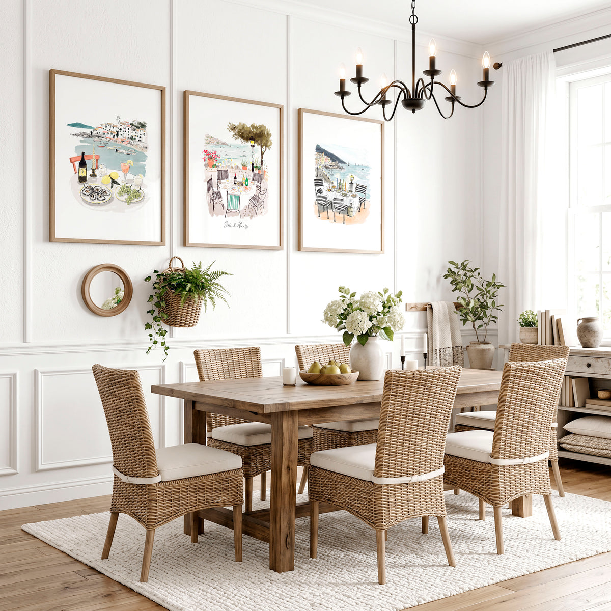 Wall Art for a Dining Room | Mediterranean Coastal Watercolour "Solo di Amalfi" displayed on a wall in a styled room — view 4