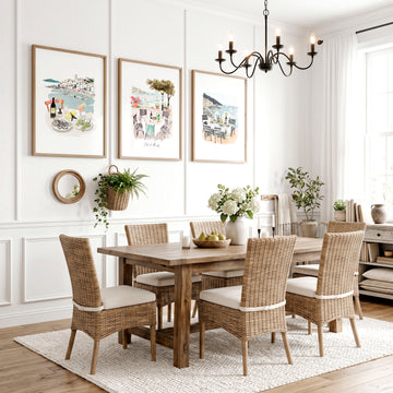 Wall Art for a Dining Room | Mediterranean Coastal Watercolour "Solo di Amalfi" displayed on a wall in a styled room — view 4