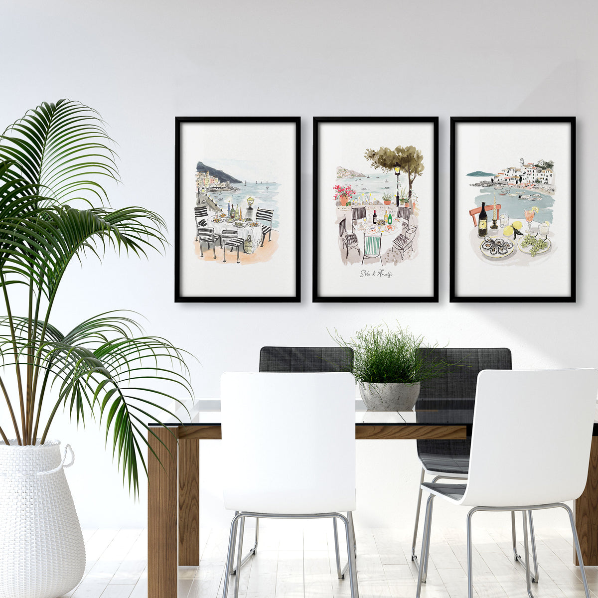 Wall Art for a Dining Room | Mediterranean Coastal Watercolour "Solo di Amalfi" displayed on a wall in a styled room — view 6