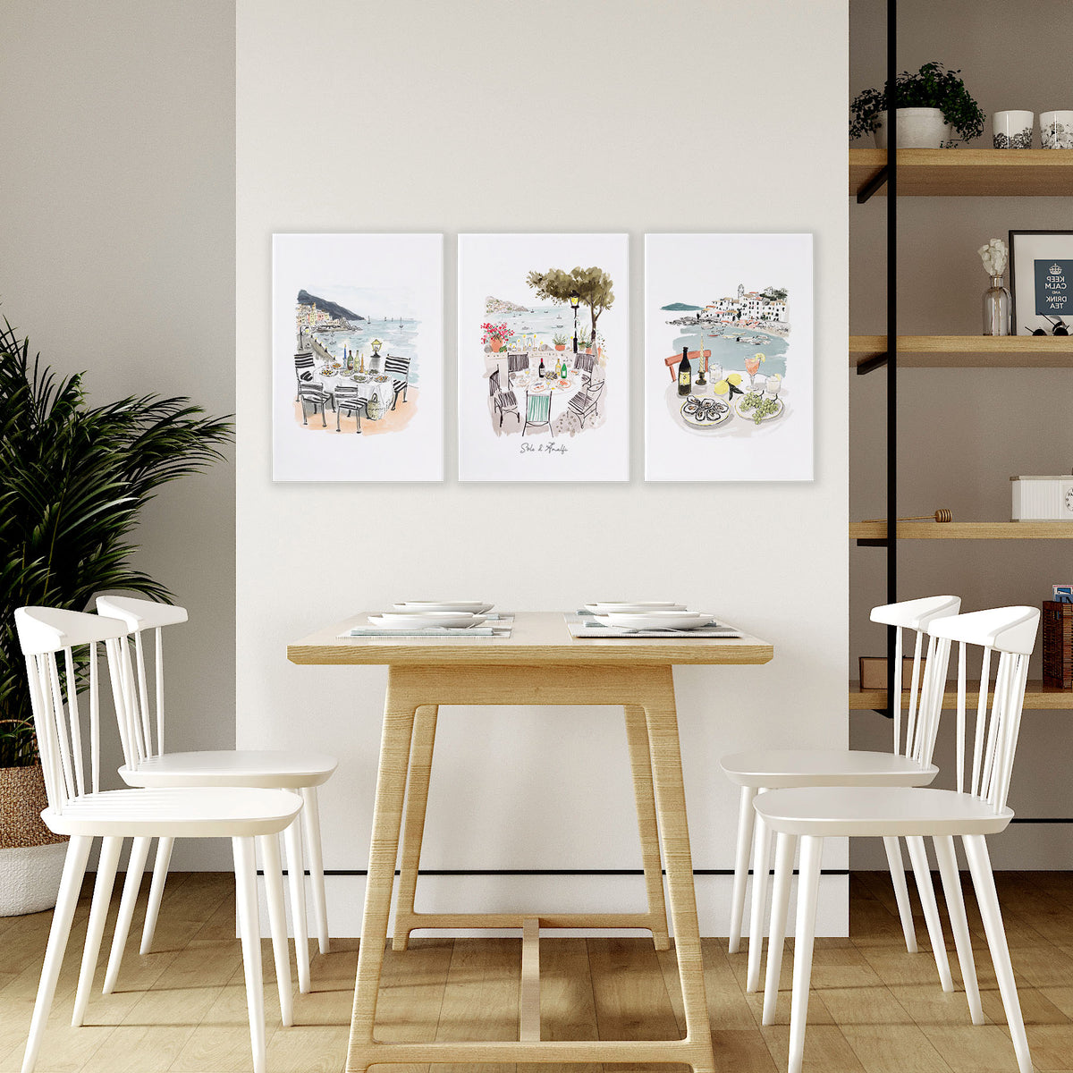 Wall Art for a Dining Room | Mediterranean Coastal Watercolour "Solo di Amalfi" displayed on a wall in a styled room — view 7