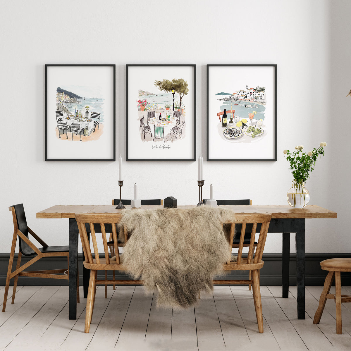 Wall Art for a Dining Room | Mediterranean Coastal Watercolour "Solo di Amalfi" displayed on a wall in a styled room — view 8