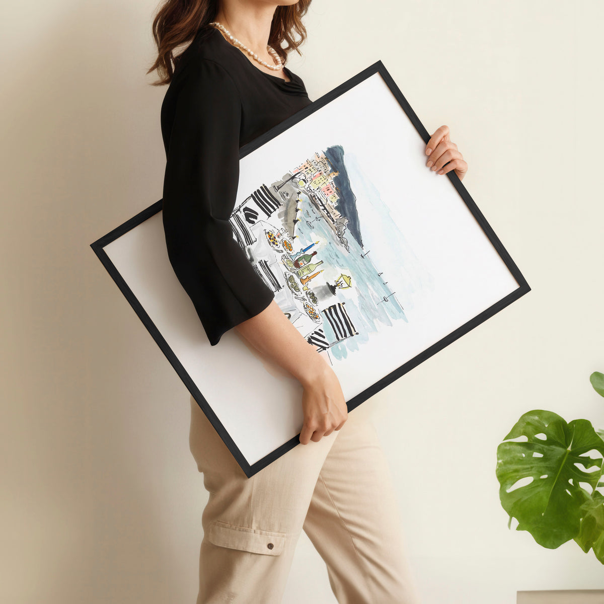 Wall Art for a Dining Room | Mediterranean Coastal Watercolour "Solo di Amalfi" displayed on a wall in a styled room — view 8