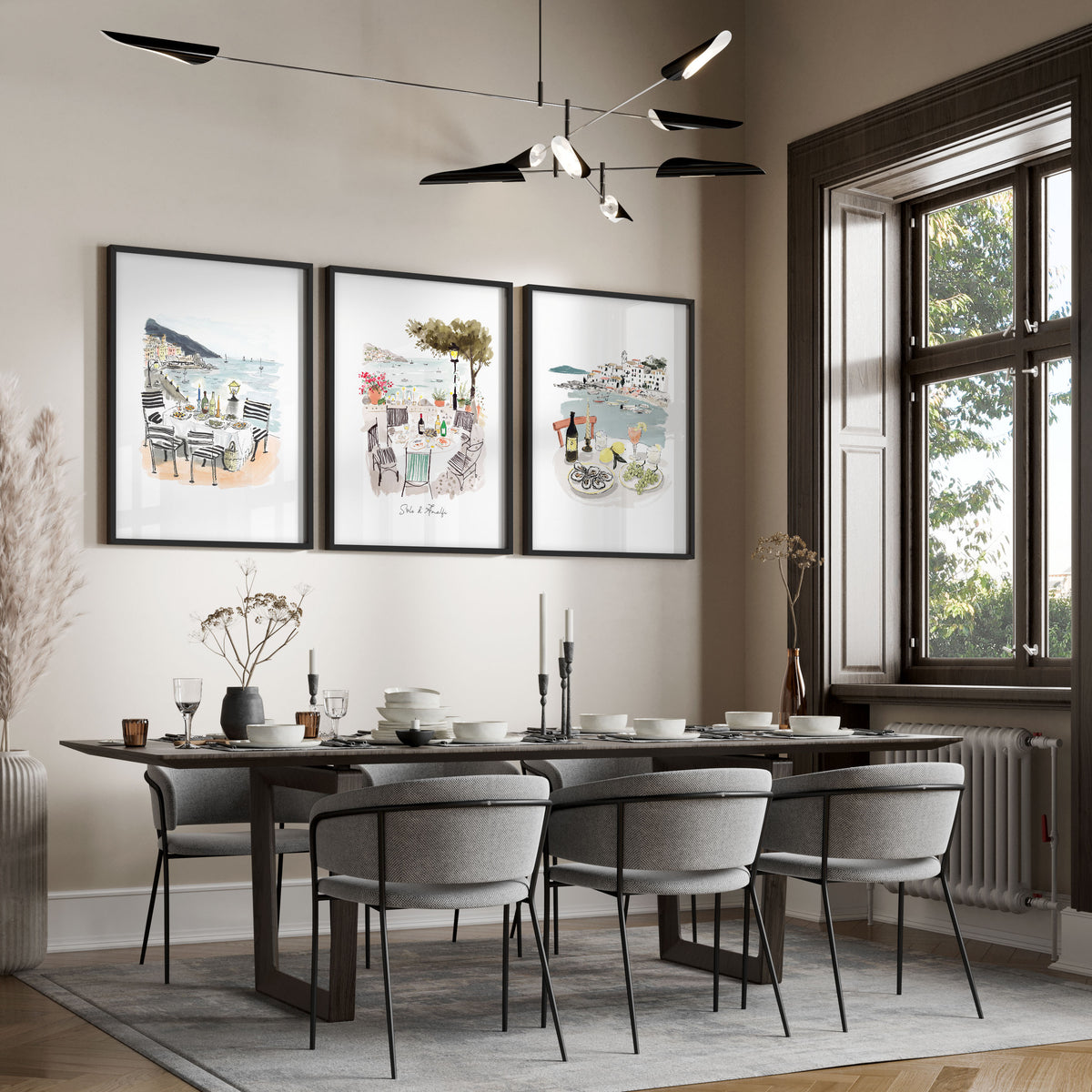Wall Art for a Dining Room | Mediterranean Coastal Watercolour "Solo di Amalfi" displayed on a wall in a styled room — view 9