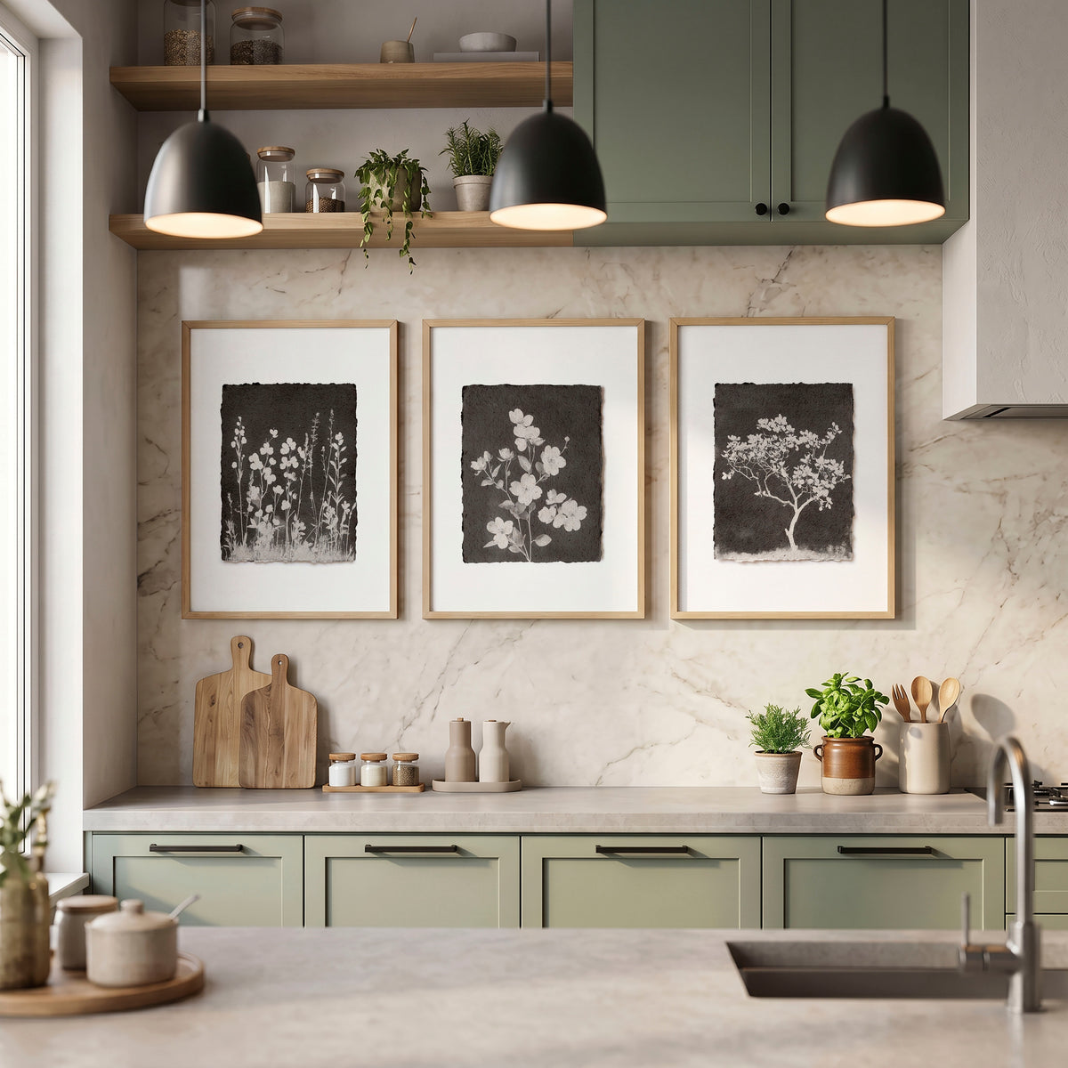Wall Art for a Kitchen French Country Botanical Wildflowers & Blossom in Dark Brown & White displayed on a wall in a styled room