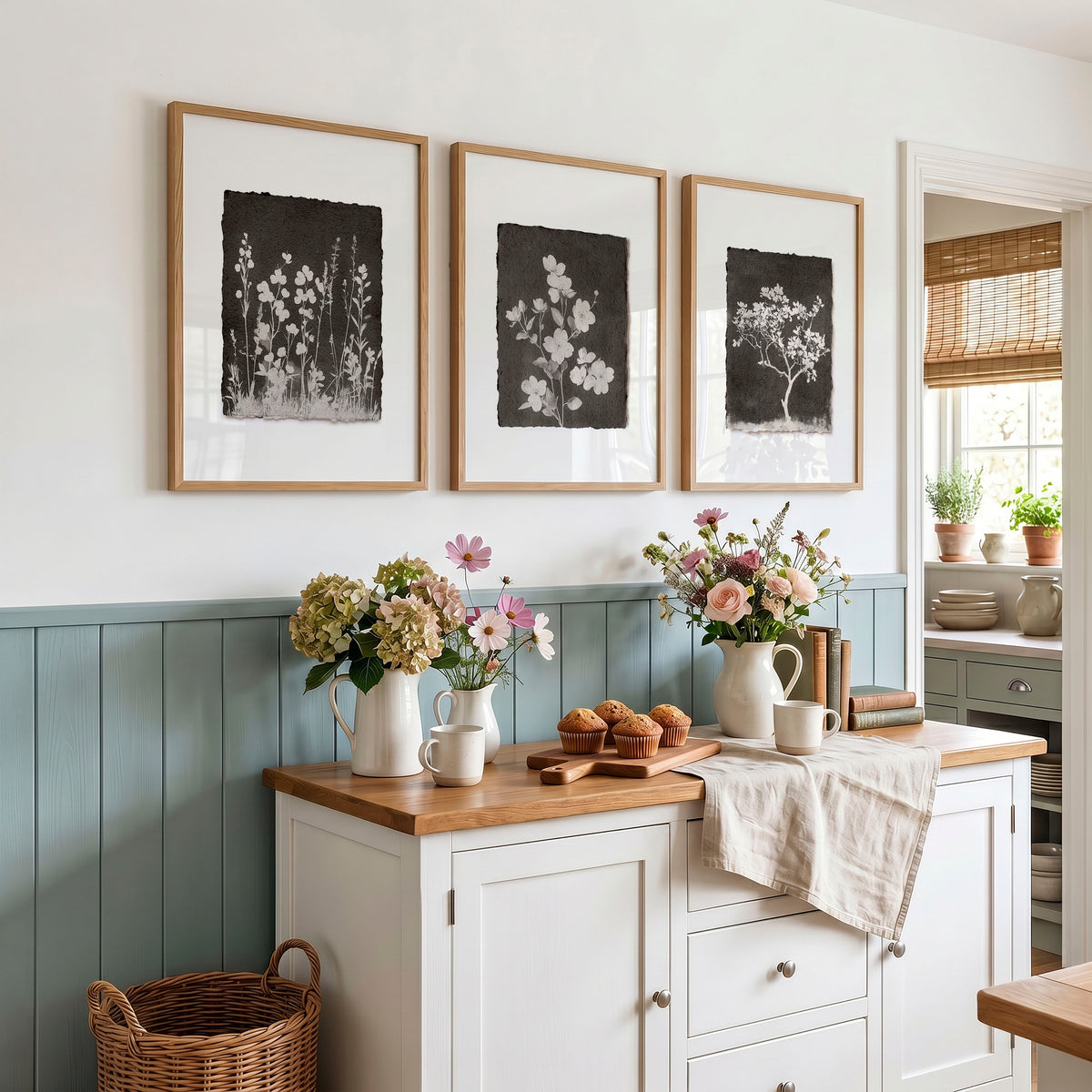 Wall Art for a Kitchen French Country Botanical Wildflowers & Blossom in Dark Brown & White displayed on a wall in a styled room — view 2