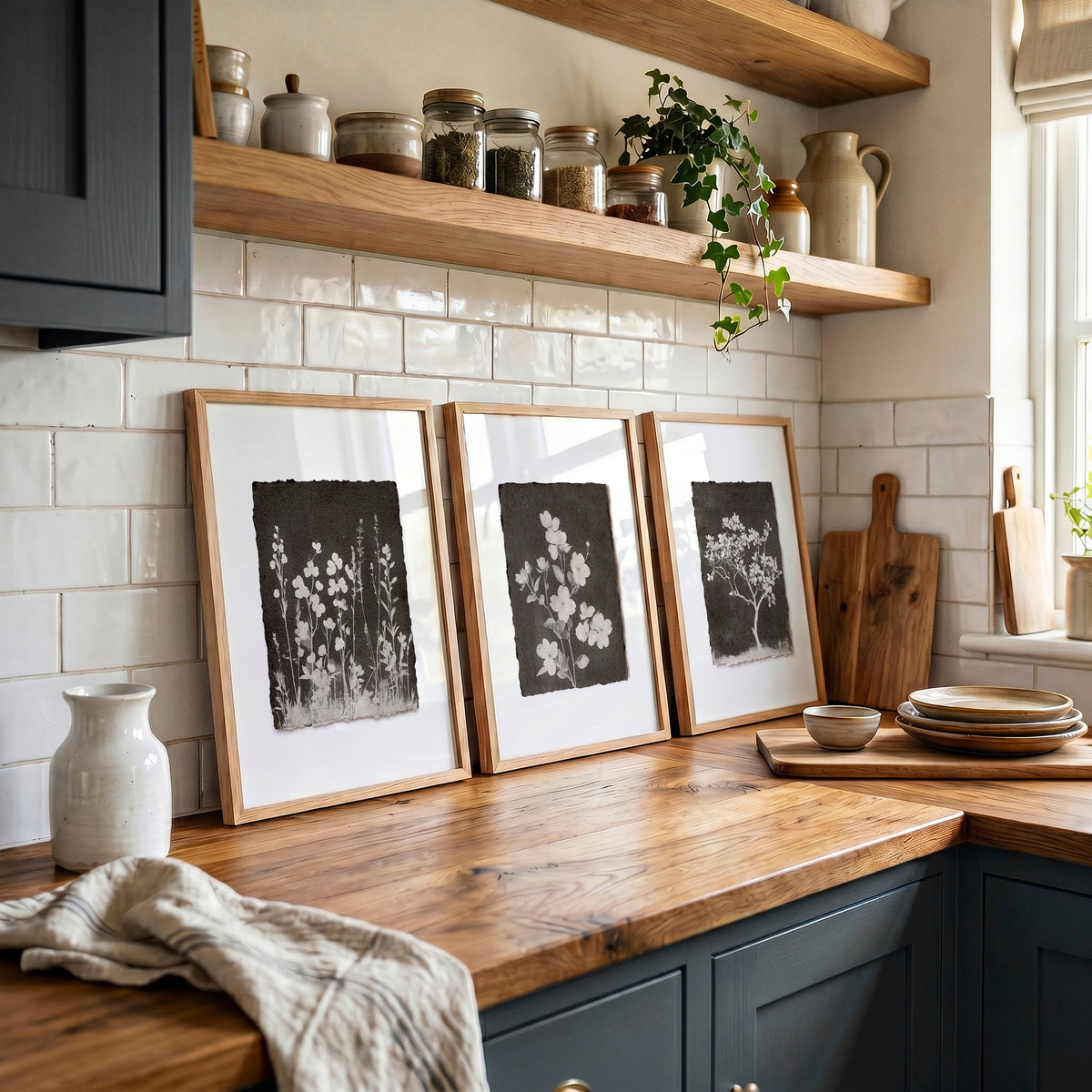 Wall Art for a Kitchen French Country Botanical Wildflowers & Blossom in Dark Brown & White displayed on a wall in a styled room — view 3