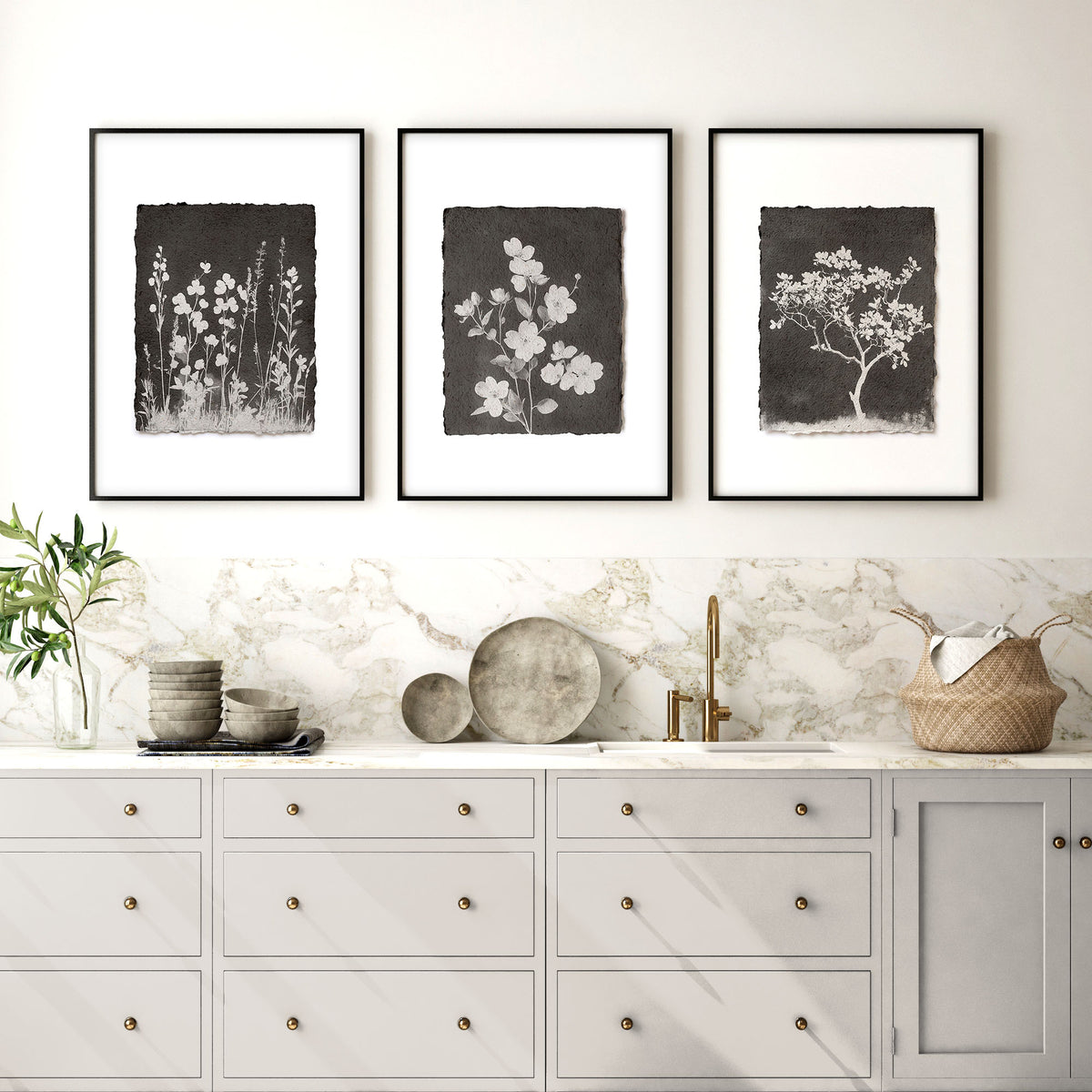 Wall Art for a Kitchen French Country Botanical Wildflowers & Blossom in Dark Brown & White displayed on a wall in a styled room — view 5