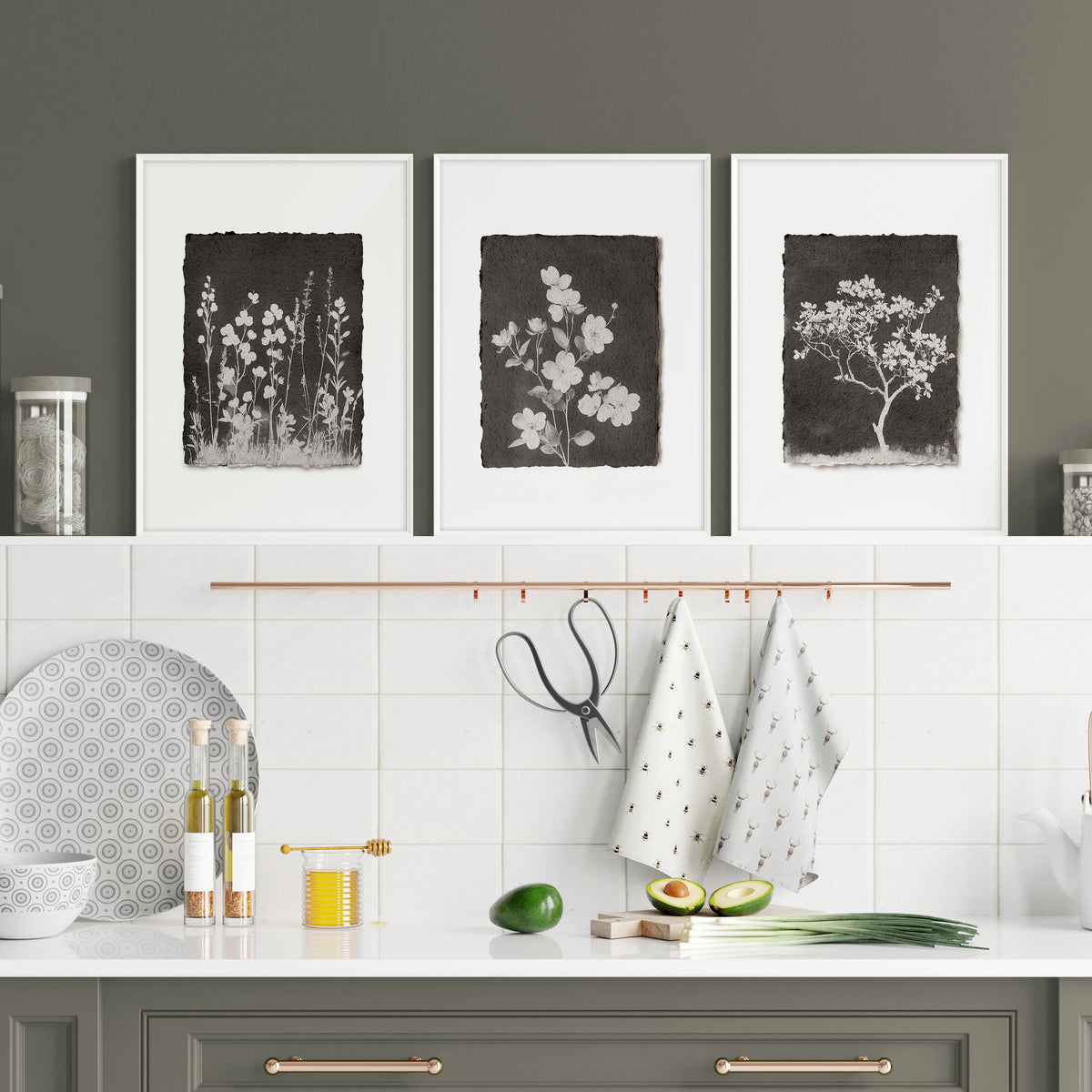 Wall Art for a Kitchen French Country Botanical Wildflowers & Blossom in Dark Brown & White displayed on a wall in a styled room — view 6