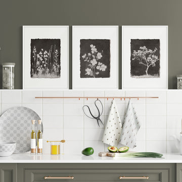 Wall Art for a Kitchen French Country Botanical Wildflowers & Blossom in Dark Brown & White displayed on a wall in a styled room — view 6
