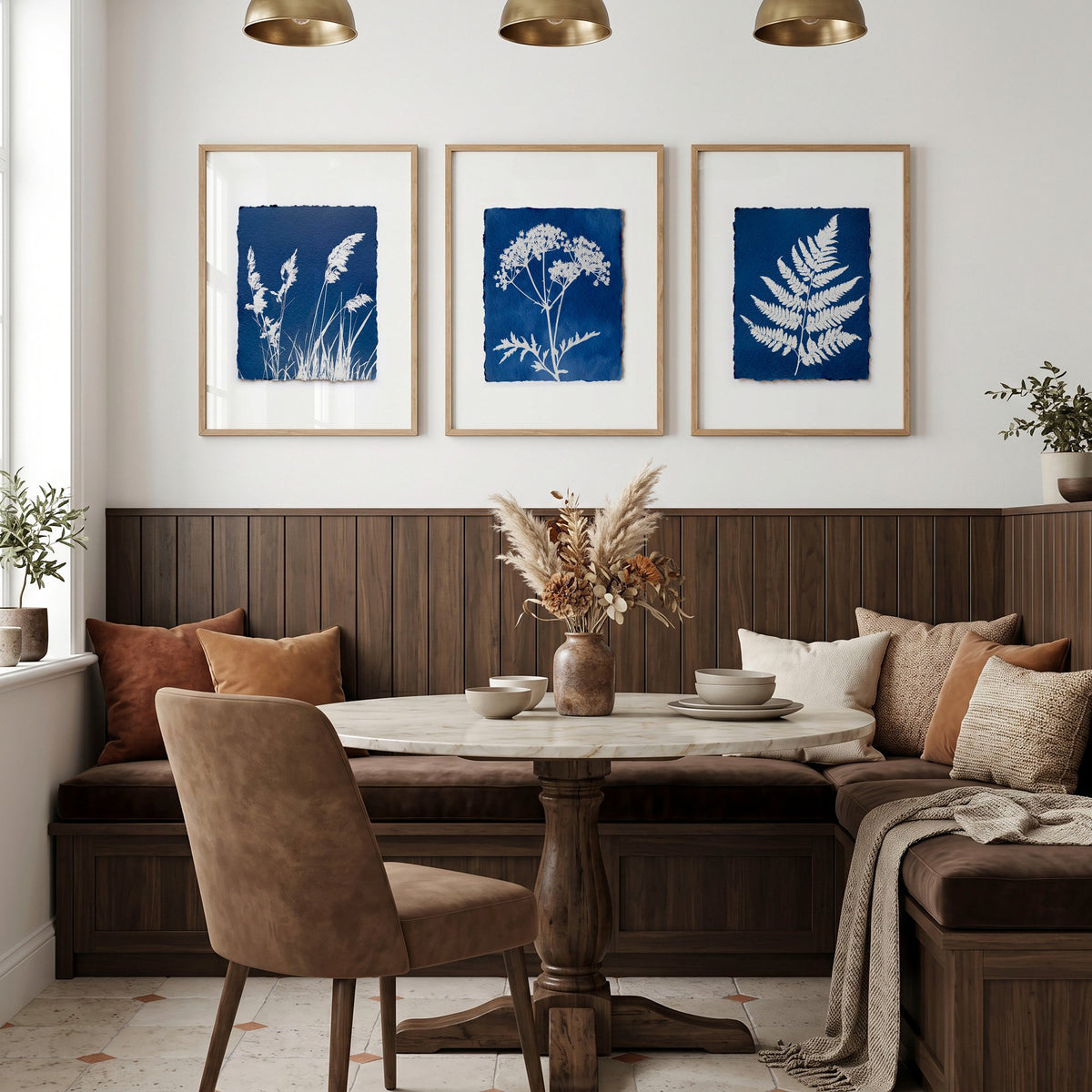 Wall Art for Dining Room Indigo Cyanotype Botanical wall art displayed on a wall in a styled room