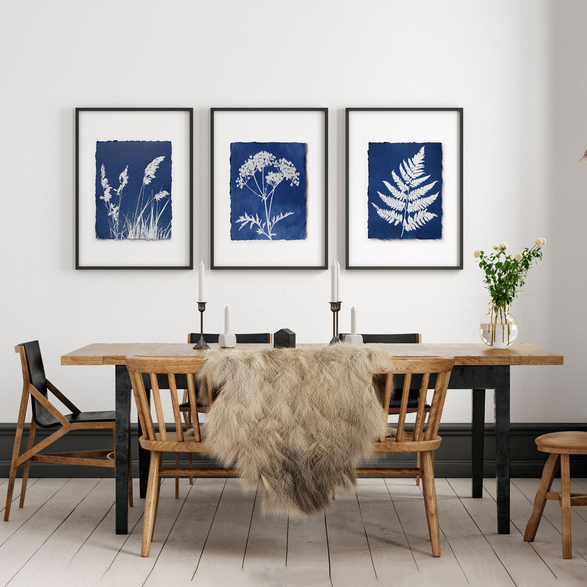 Wall Art for Dining Room Indigo Cyanotype Botanical wall art displayed on a wall in a styled room — view 3