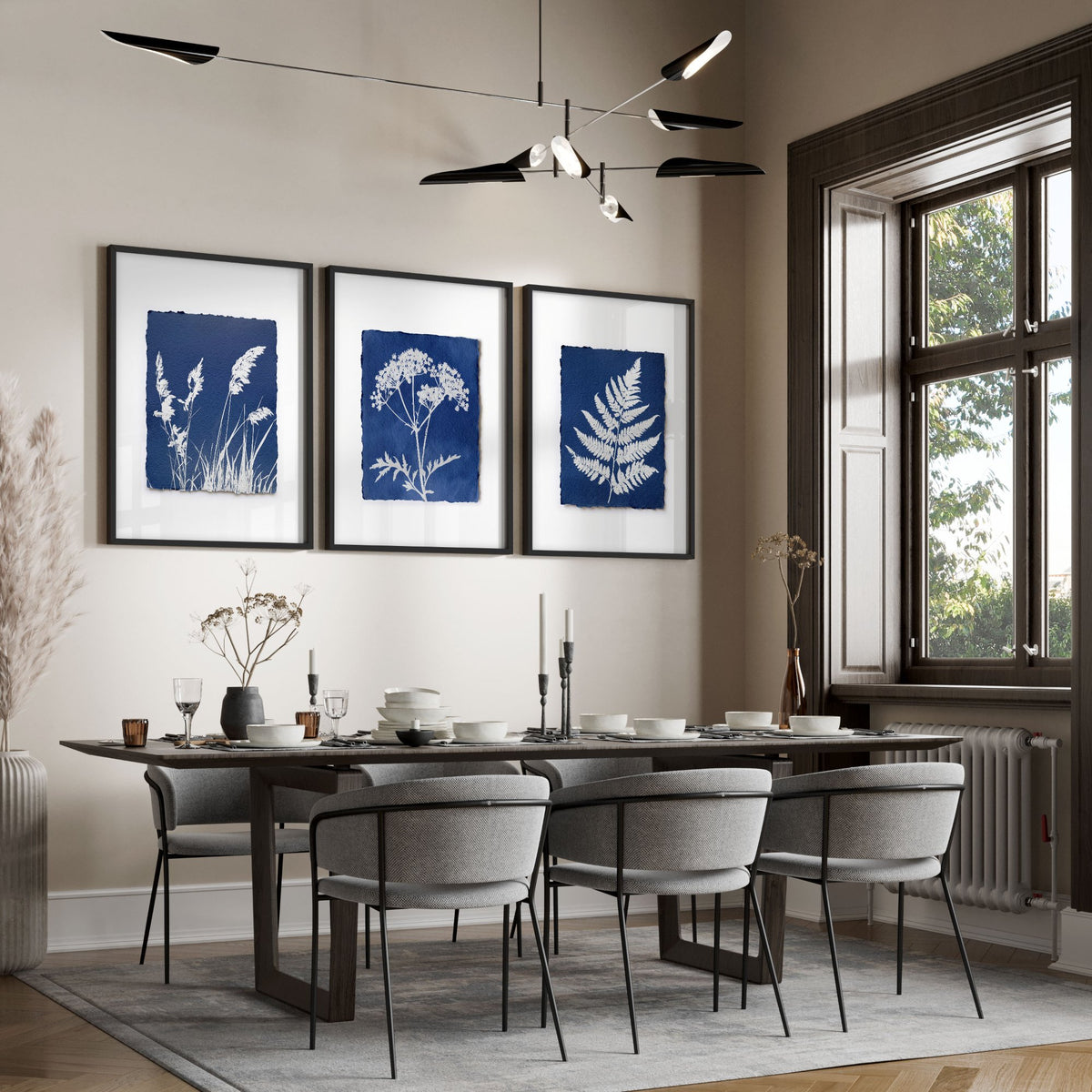Wall Art for Dining Room Indigo Cyanotype Botanical wall art displayed on a wall in a styled room — view 4