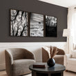 Wall Art for Grey Walls Living Room | Black & White Forest & Winter Landscape Photography Set of 3 displayed on a wall in a styled room — view 10