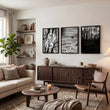 Wall Art for Grey Walls Living Room | Black & White Forest & Winter Landscape Photography Set of 3 displayed on a wall in a styled room — view 12
