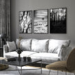 Wall Art for Grey Walls Living Room | Black & White Forest & Winter Landscape Photography Set of 3 displayed on a wall in a styled room — view 13