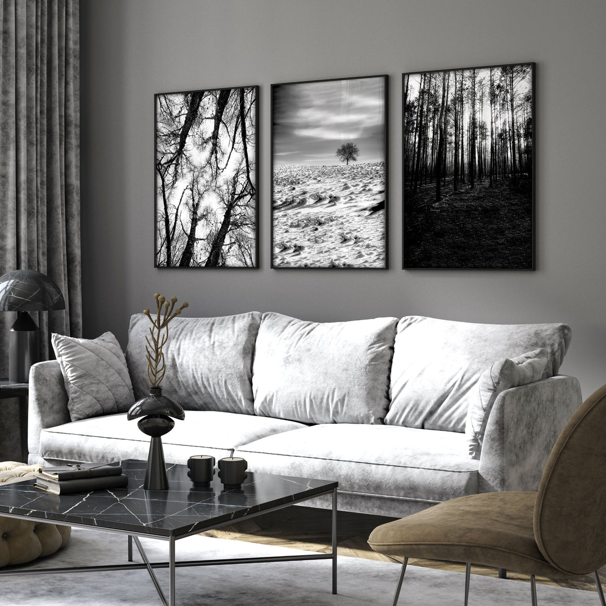 Wall Art for Grey Walls Living Room | Black & White Forest & Winter Landscape Photography Set of 3 displayed on a wall in a styled room — view 13