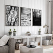 Wall Art for Grey Walls Living Room | Black & White Forest & Winter Landscape Photography Set of 3 displayed on a wall in a styled room — view 14