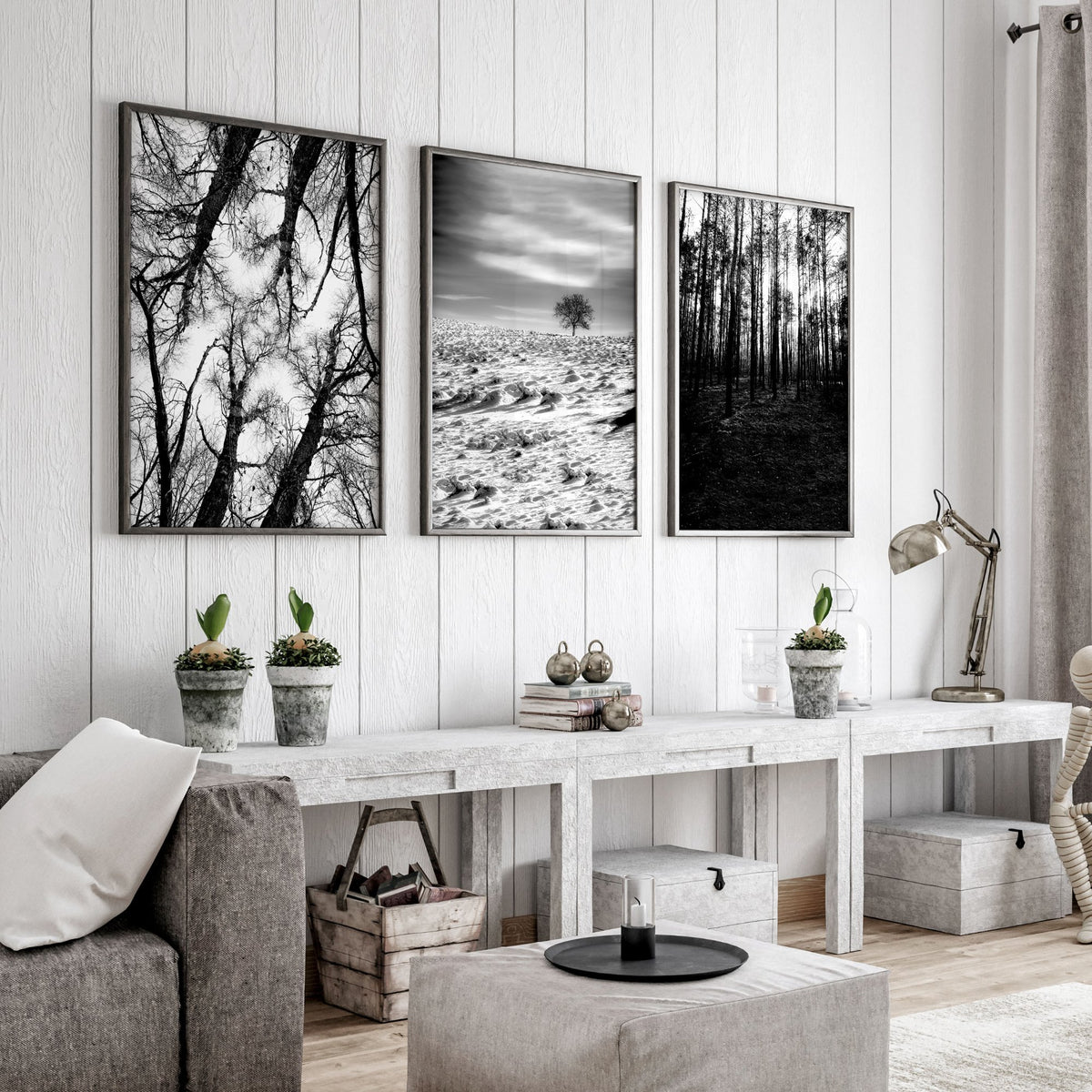 Wall Art for Grey Walls Living Room | Black & White Forest & Winter Landscape Photography Set of 3 displayed on a wall in a styled room — view 14