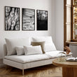 Wall Art for Grey Walls Living Room | Black & White Forest & Winter Landscape Photography Set of 3 displayed on a wall in a styled room — view 15