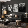 Wall Art for Grey Walls Living Room | Black & White Forest & Winter Landscape Photography Set of 3 displayed on a wall in a styled room