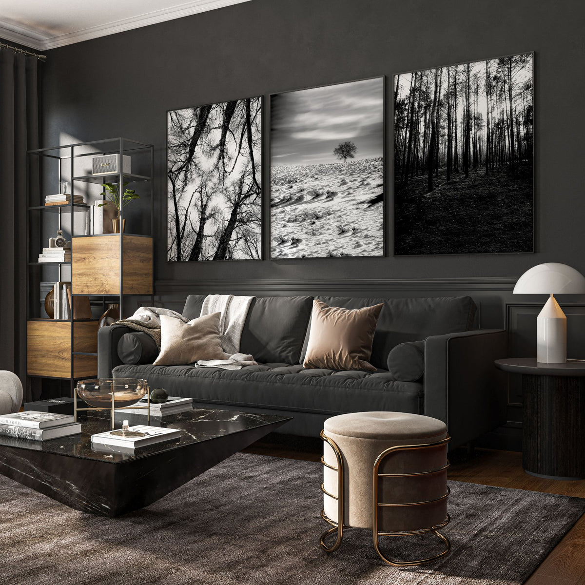 Wall Art for Grey Walls Living Room | Black & White Forest & Winter Landscape Photography Set of 3 displayed on a wall in a styled room
