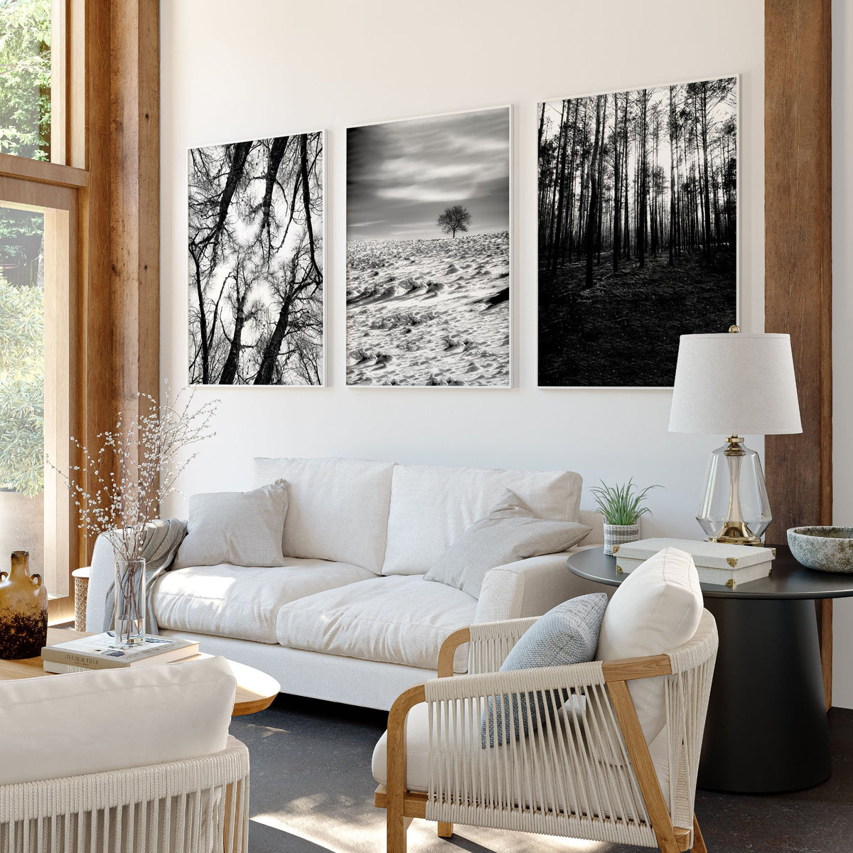 Wall Art for Grey Walls Living Room | Black & White Forest & Winter Landscape Photography Set of 3 displayed on a wall in a styled room — view 2