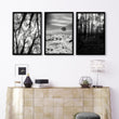 Wall Art for Grey Walls Living Room | Black & White Forest & Winter Landscape Photography Set of 3 displayed on a wall in a styled room — view 3