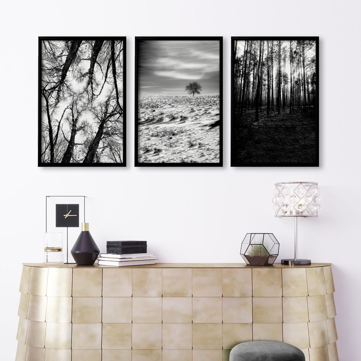 Wall Art for Grey Walls Living Room | Black & White Forest & Winter Landscape Photography Set of 3 displayed on a wall in a styled room — view 3