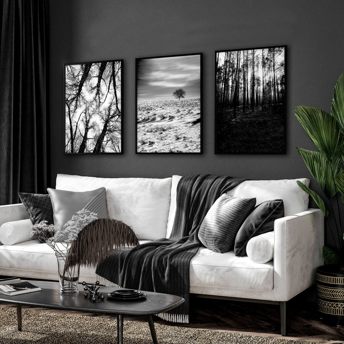Wall Art for Grey Walls Living Room | Black & White Forest & Winter Landscape Photography Set of 3 displayed on a wall in a styled room — view 4