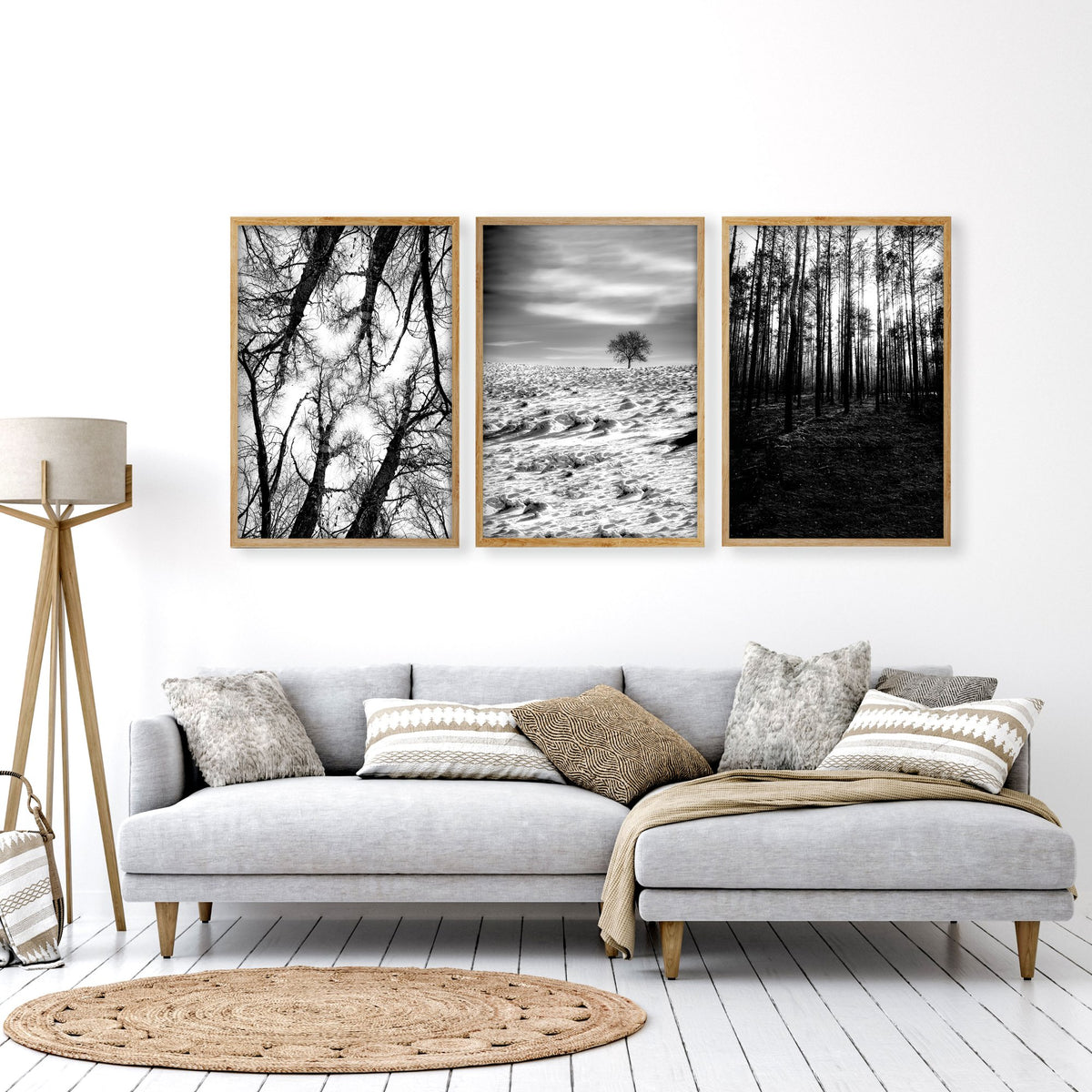 Wall Art for Grey Walls Living Room | Black & White Forest & Winter Landscape Photography Set of 3 displayed on a wall in a styled room — view 5