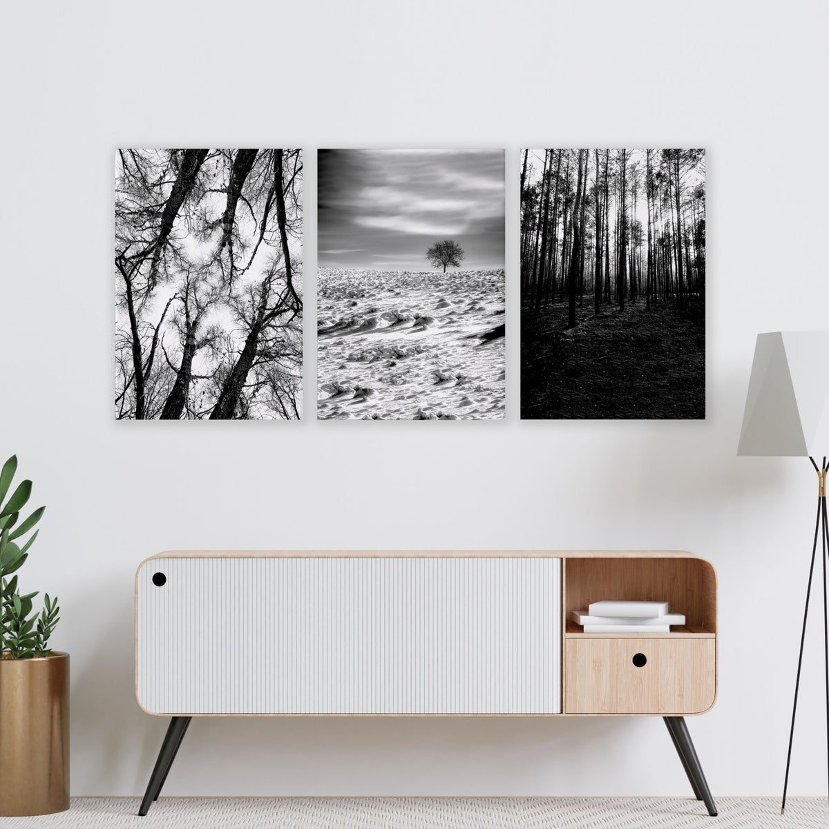 Wall Art for Grey Walls Living Room | Black & White Forest & Winter Landscape Photography Set of 3 displayed on a wall in a styled room — view 6