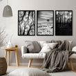 Wall Art for Grey Walls Living Room | Black & White Forest & Winter Landscape Photography Set of 3 displayed on a wall in a styled room — view 7