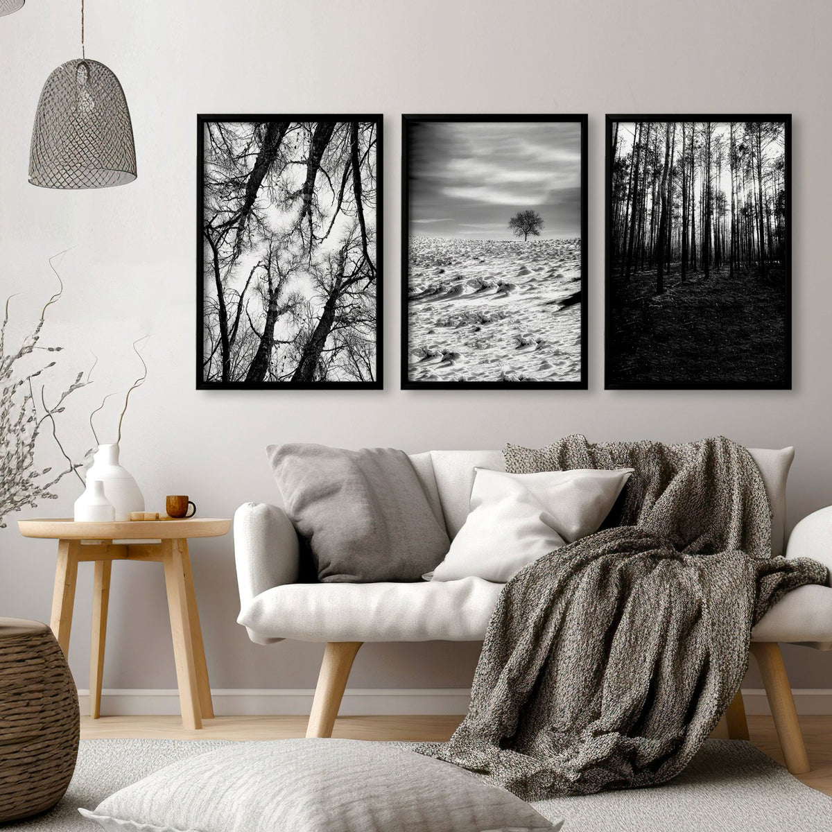 Wall Art for Grey Walls Living Room | Black & White Forest & Winter Landscape Photography Set of 3 displayed on a wall in a styled room — view 7