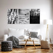 Wall Art for Grey Walls Living Room | Black & White Forest & Winter Landscape Photography Set of 3 displayed on a wall in a styled room — view 8