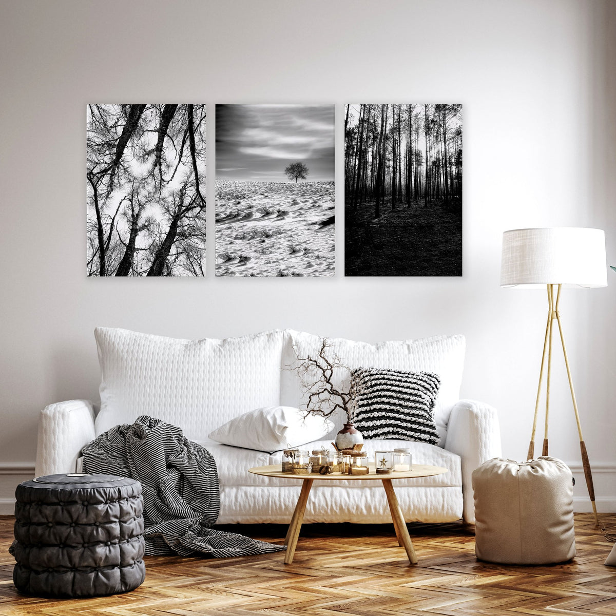 Wall Art for Grey Walls Living Room | Black & White Forest & Winter Landscape Photography Set of 3 displayed on a wall in a styled room — view 8